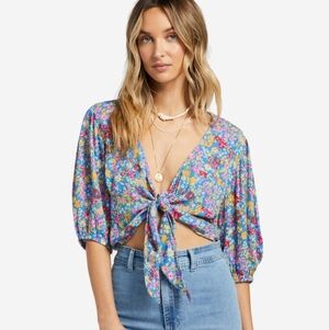 Billabong As You Wish Floral Tie-Front Crop Top Size S Boho Cottagecore Beachy